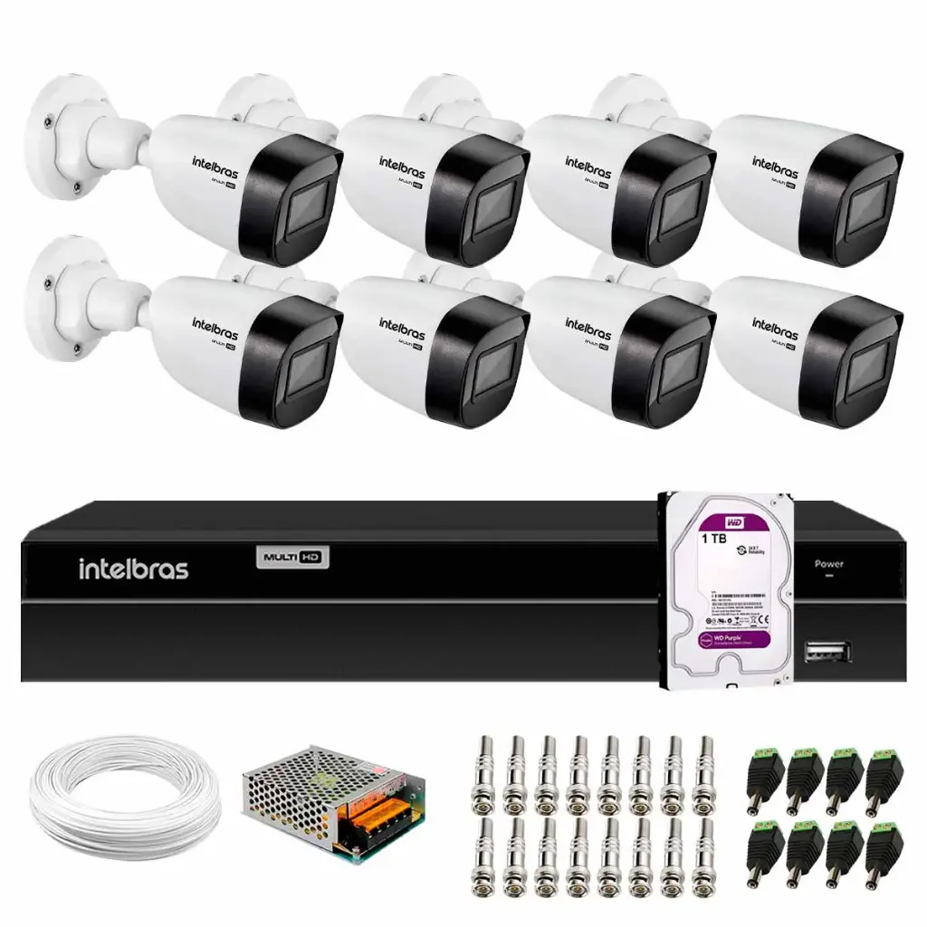 Kit CFTV Intelbras 08 Câmeras HD 720p Visão Noturna 30m (IP67) + DVR 08 Canais Full HD com HD 1TB