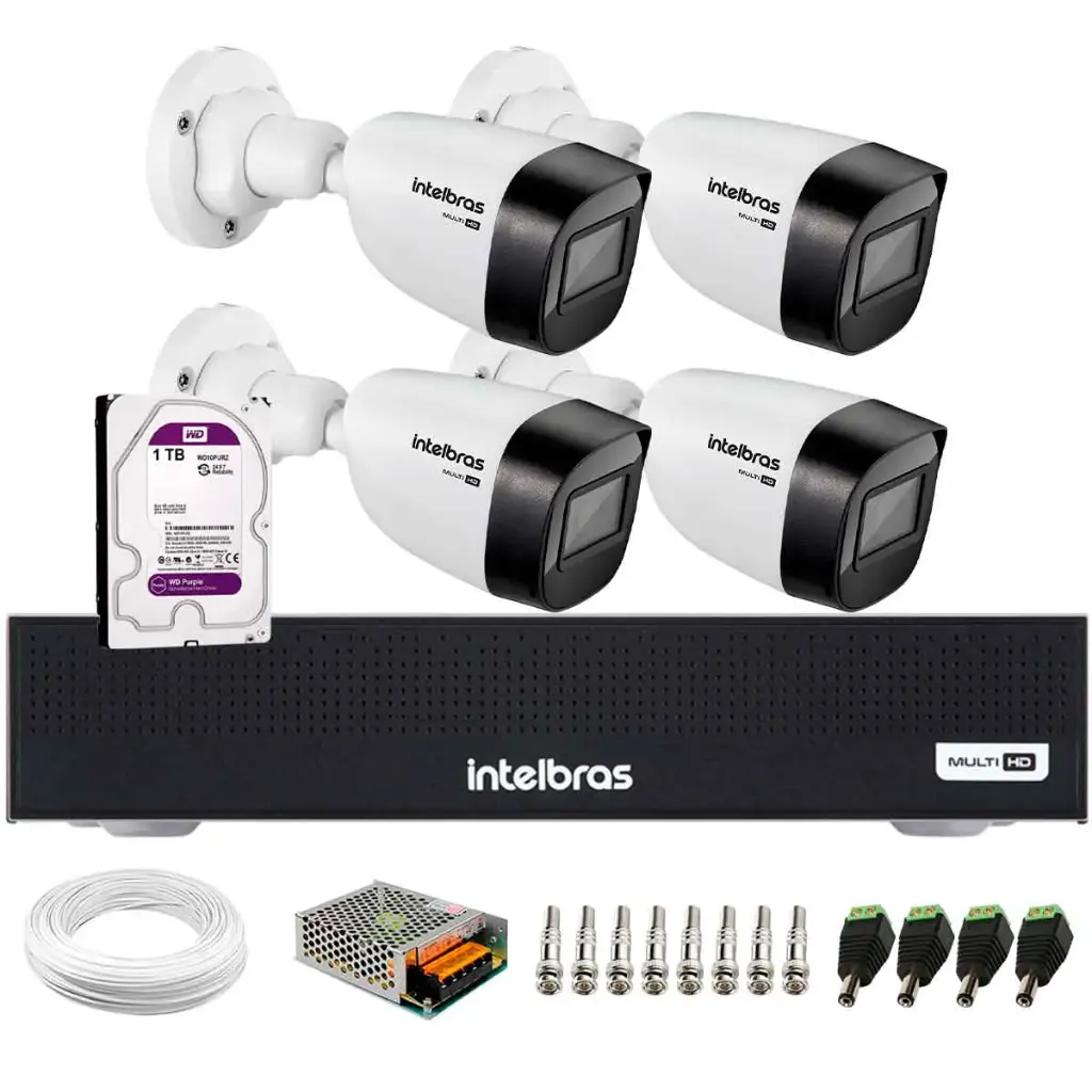 Kit CFTV Intelbras 4 Câmeras HD 720p Visão Noturna 30m (IP67) + DVR 4 Canais com HD 1TB
