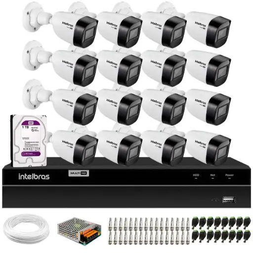 Kit CFTV Intelbras 16 Câmeras HD 720p Visão Noturna 30m (IP67) + DVR 16 Canais Full HD com HD 1TB
